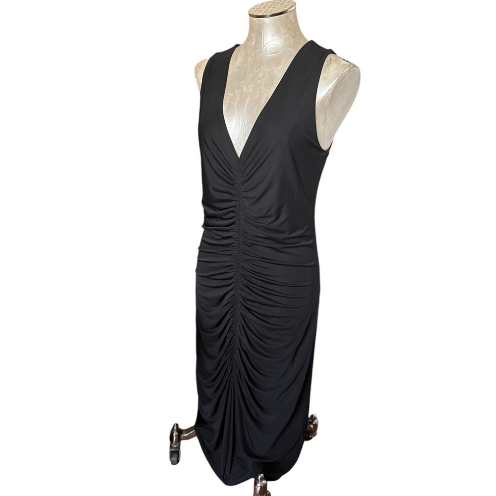 Inc Women’s Black Midi Knit Vneck Dress With Ruching Front sleeveless New Large